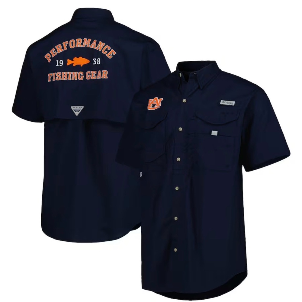 Columbia Navy Short-Sleeve Performance Fishing Shirt with Orange Logo